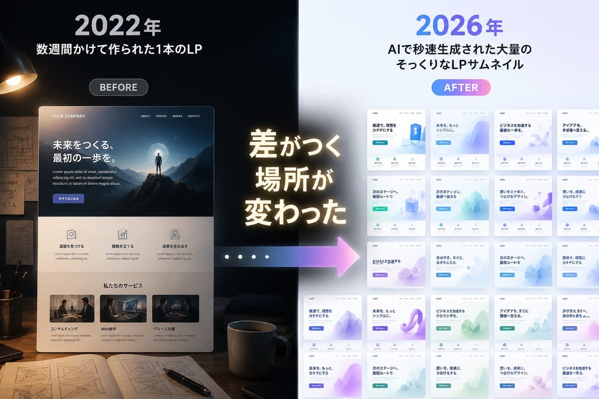 2022年は数週間かけて作られた1本のLP、2026年はAIで秒速生成された大量のそっくりなLPサムネイル。「差がつく場所が変わった」と示す比較図